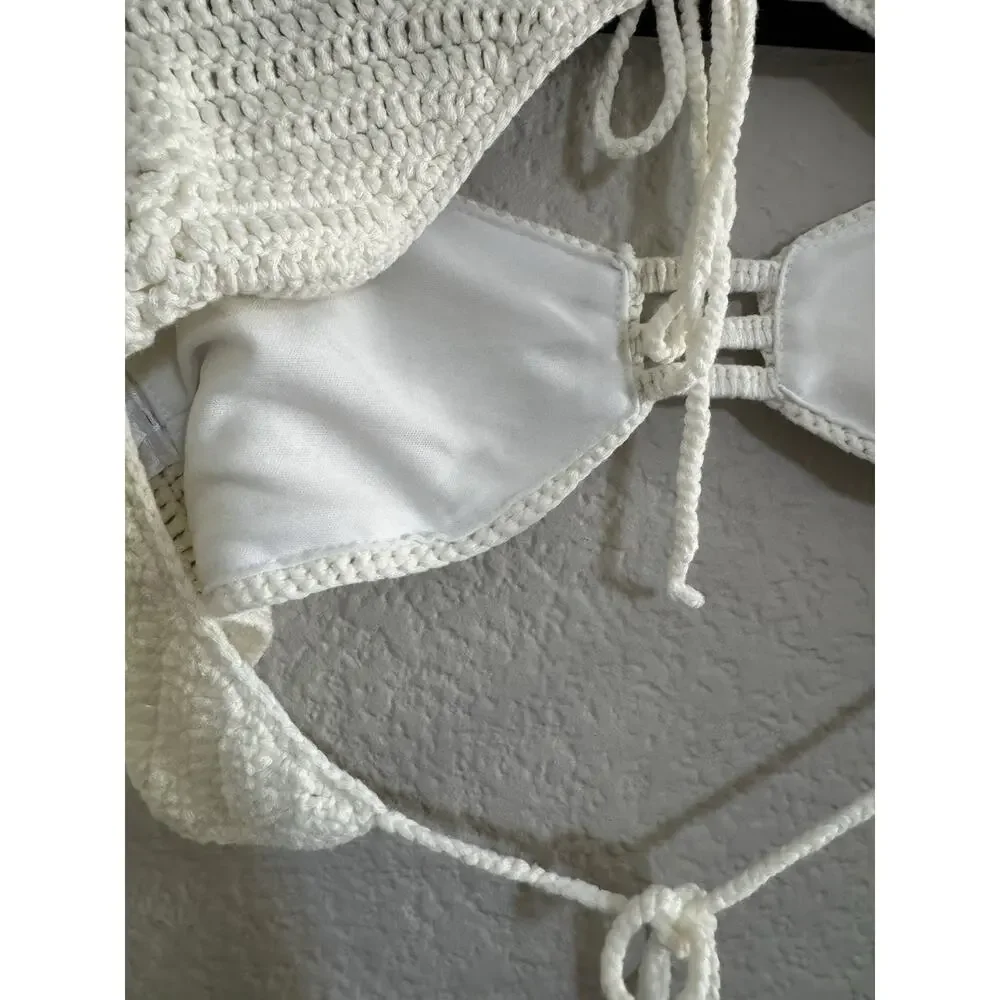 Tiger Mist XS Ivory Crochet Open Back Tie Long Sleeve Crop Top Festival #7407